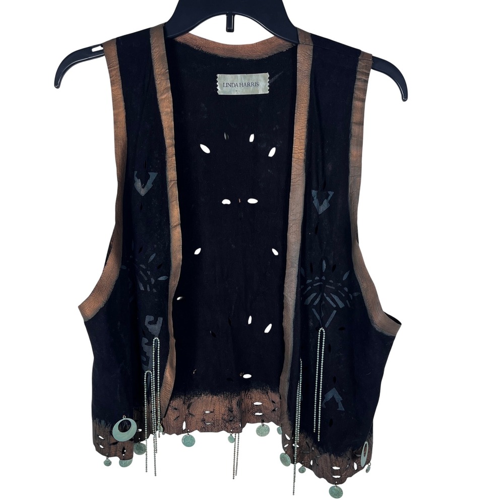 Linda Harris Vest Cutout Beaded Dangle Women M Black Brown Boho Western Artistic